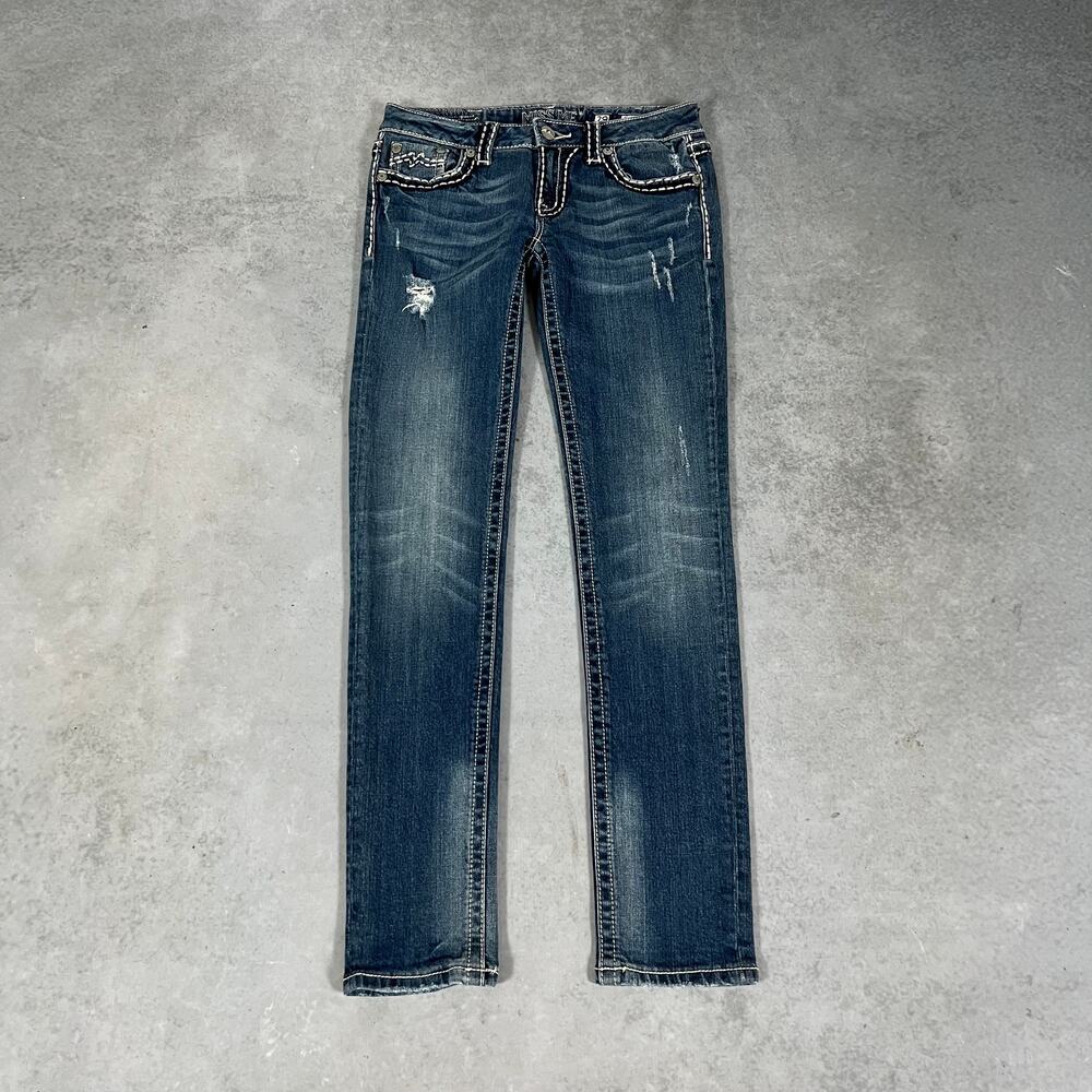 Miss Me Sunny Skinny Jeans Distressed Blue Thick Stitch Womens - Size: 29